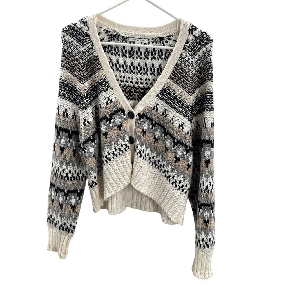American Eagle Outfitters Cream, Black & Gray Patterned Knit Cardigan